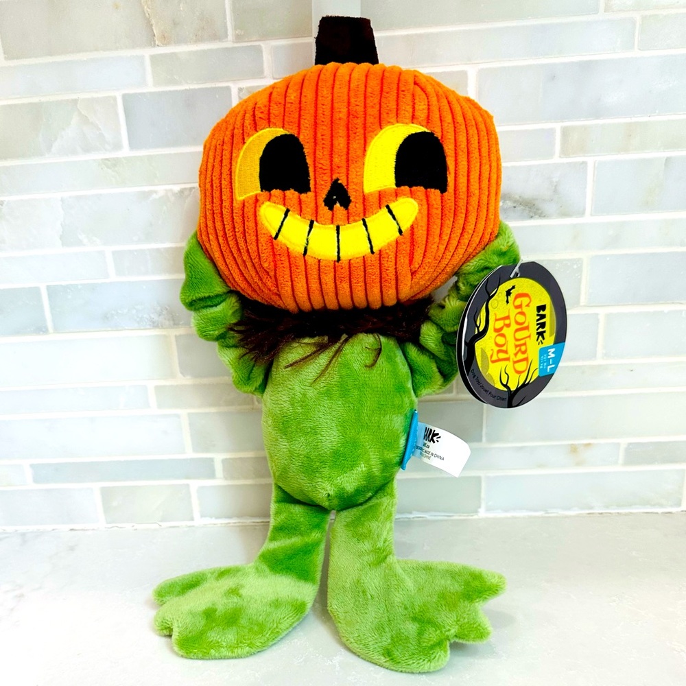NEW Bark Box Gourd Boy Pumpkin Halloween Bungee Crinkle Plush Dog Toy Med Large